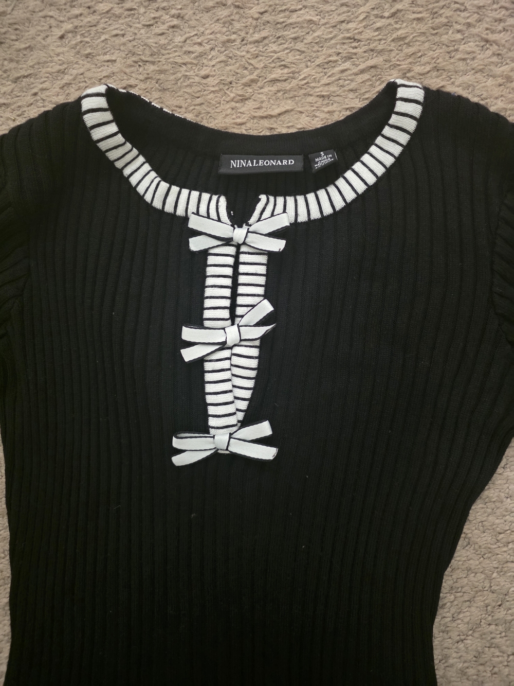 Nina Leonard Black Ribbed Sweater with White Trim and Bows